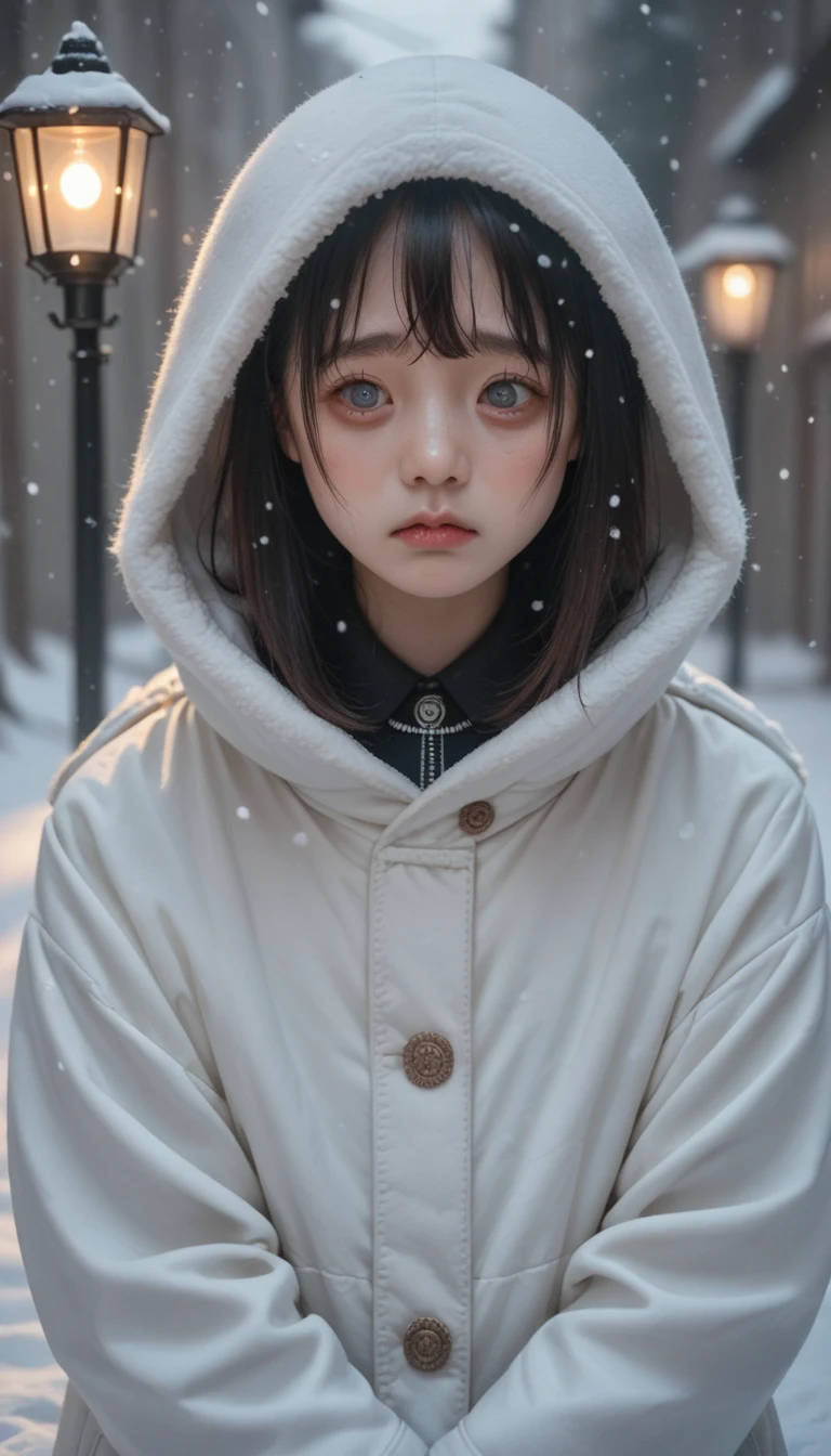 Top quality, snow falling, girl wearing white hooded coat, round eyes, detailed face, solemn, lamplight, somewhat sad face, early morning