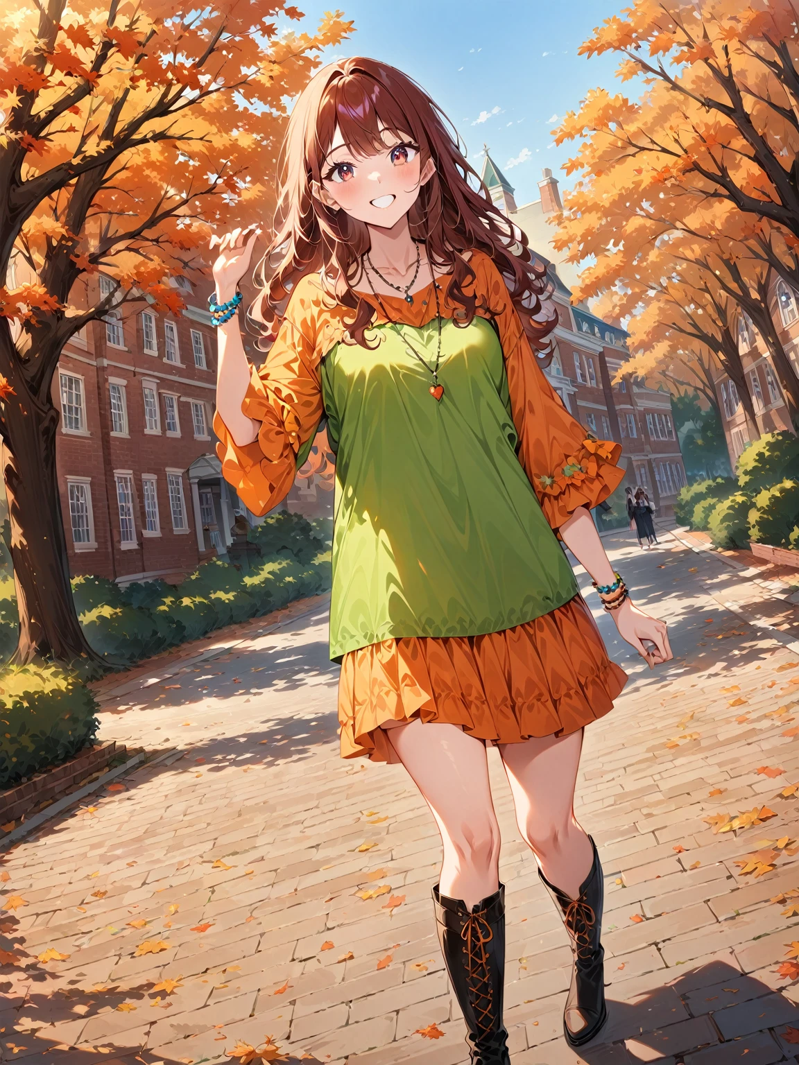 1 girl, original, perfect body, anatomically correct, correct ratio, 22 years old, (medium wavy hair:1.3), (reddish brown hair:1.3), (hazel eyes:1.1), medium breasts, smile, fashionable autumn fashion, oversized shirt, colorful skirt, lots of bracelets, stacked necklaces, black heeled knee boots, college campus, colonial architecture, brick buildings, historic campus, wide green lawns, old trees, academic quadrangle, William and Mary style, Williamsburg Virginia, students walking, autumn season, sunny day, dynamic angles, dynamic poses, (masterpiece, best quality, very aesthetic, absurdres), (8k, RAW photo, best quality), (extremely detailed 8k wallpaper),