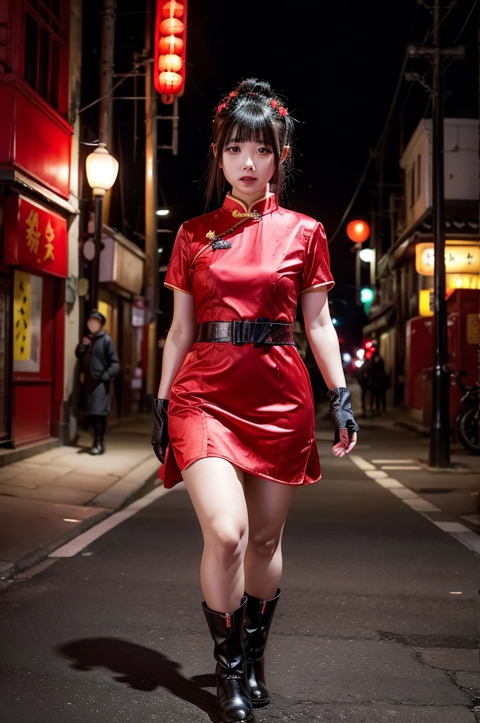 Japanese girl wearing a red Chinese dress, (Chinese dress), mini skirt, wearing silk long black gloves, wearing long black boots, ((double bun hair)), ((thick thighs)), (((thin waist))), standing in Chinatown at night, (((realistic))), (((High resolution))), (((ano)))