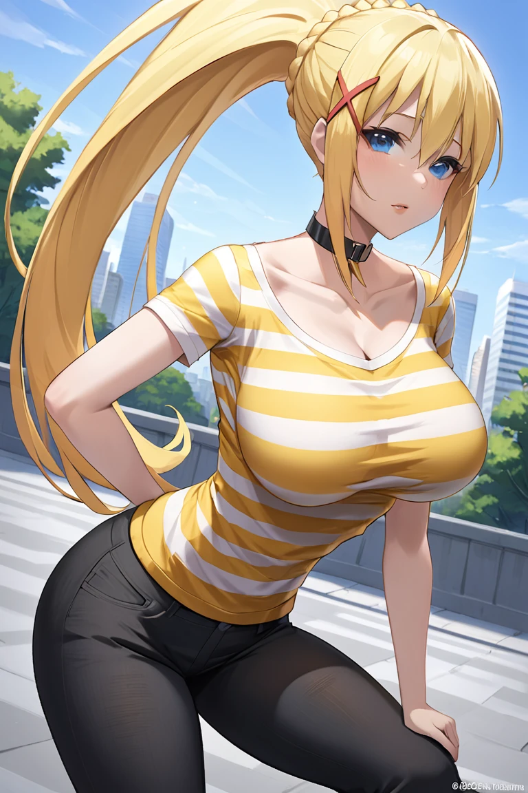 1girl, solo, ksdarkness, ponytail, x hair ornament,  blonde hair, blue eyes, braid, long hair, white background, large breasts, orange hair, black pants, jeans, striped shirt, short sleeves, short sleeves, city, daytime, city, looking at viewers, collarbone, collar,