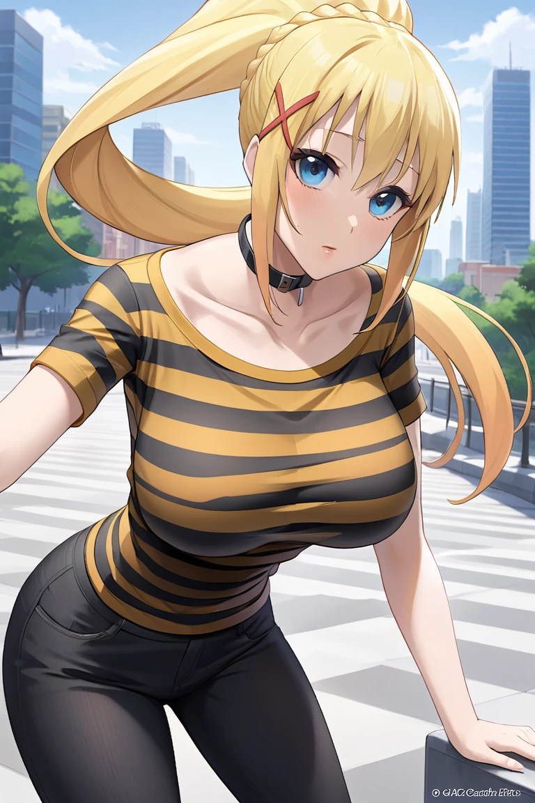 1girl, solo, ksdarkness, ponytail, x hair ornament,  blonde hair, blue eyes, braid, long hair, white background, large breasts, orange hair, black pants, jeans, striped shirt, short sleeves, short sleeves, city, daytime, city, looking at viewers, collarbone, collar,