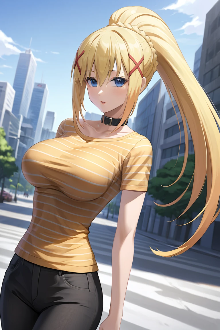 1girl, solo, ksdarkness, ponytail, x hair ornament,  blonde hair, blue eyes, braid, long hair, white background, large breasts, orange hair, black pants, jeans, striped shirt, short sleeves, short sleeves, city, daytime, city, looking at viewers, collarbone, collar,