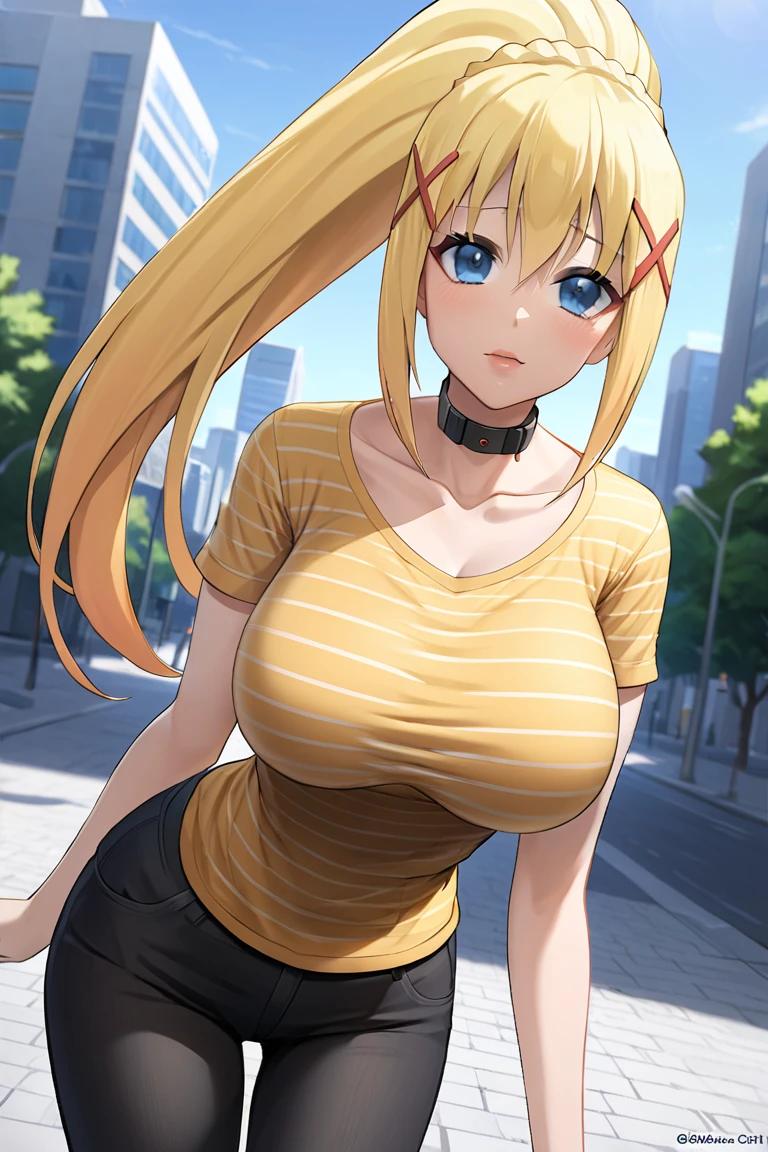 1girl, solo, ksdarkness, ponytail, x hair ornament,  blonde hair, blue eyes, braid, long hair, white background, large breasts, orange hair, black pants, jeans, striped shirt, short sleeves, short sleeves, city, daytime, city, looking at viewers, collarbone, collar,