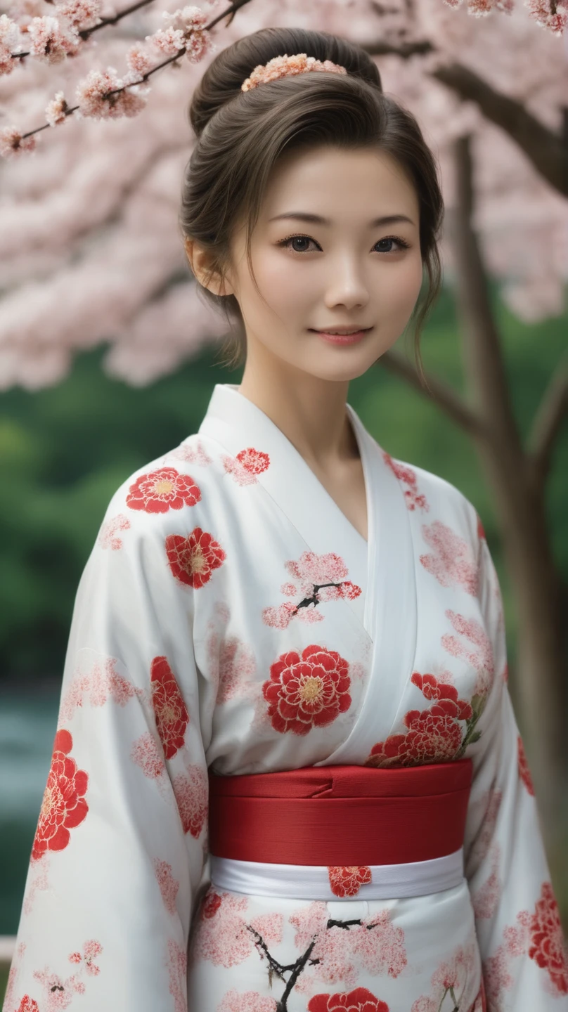 Digital portrait of a Japanese short-haired woman, Beautiful Face, My hair is disheveled,Rolling,  cinematic , Unreal Engine 5, Beautiful, Incredible Color Grading, kimono,Japanese Dress, in the same way, photograph, Cinematography, art、smile