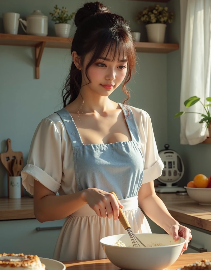 ((Highest quality, 8k, RAW Photos, masterpiece :1.3)), (Realistic、Realistic:1.37)、Very detailed、Ultra-high resolution, (Professional Lighting), ((From below:1.2、From the side:1.2)),((Full body photo)),alone, 1 female, alone, (18-year-old), Japanese, Beautiful and elaborate face, Shining Eyes, Brown eyes,Small breasts、 Small breasts:1.3,(Nogizaka-style beautiful ) , Fine and beautiful skin, Skin Texture, Blue Kitchen,
(Healthy smile), (Pale pink string panties, Brown Hair),(Naked Apron:1.5、Small ruffled apron:1.3), Remember,
,alone、Look to the side