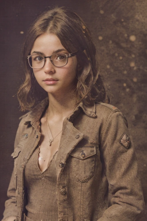 
Postapocalyptic world, 1 strong musular circle-faced brown-eyed woman in glasses, like a teenage Young with natural soft very tiny junior breast, short shaggy unevenly cropped very tousled dirty brown hair, tomboy hair, beautiful face, sexy lips, dressed an unbuttoned frayed holey burlap jacket and spacious trousers made of burlap on naked body, no underwear, bracelets made of natural materials , military boots, no makeup, no earrings, stop on the way, abandoned village, serious expression, ((masterpiece quality)) perfect lighting, realistic photography