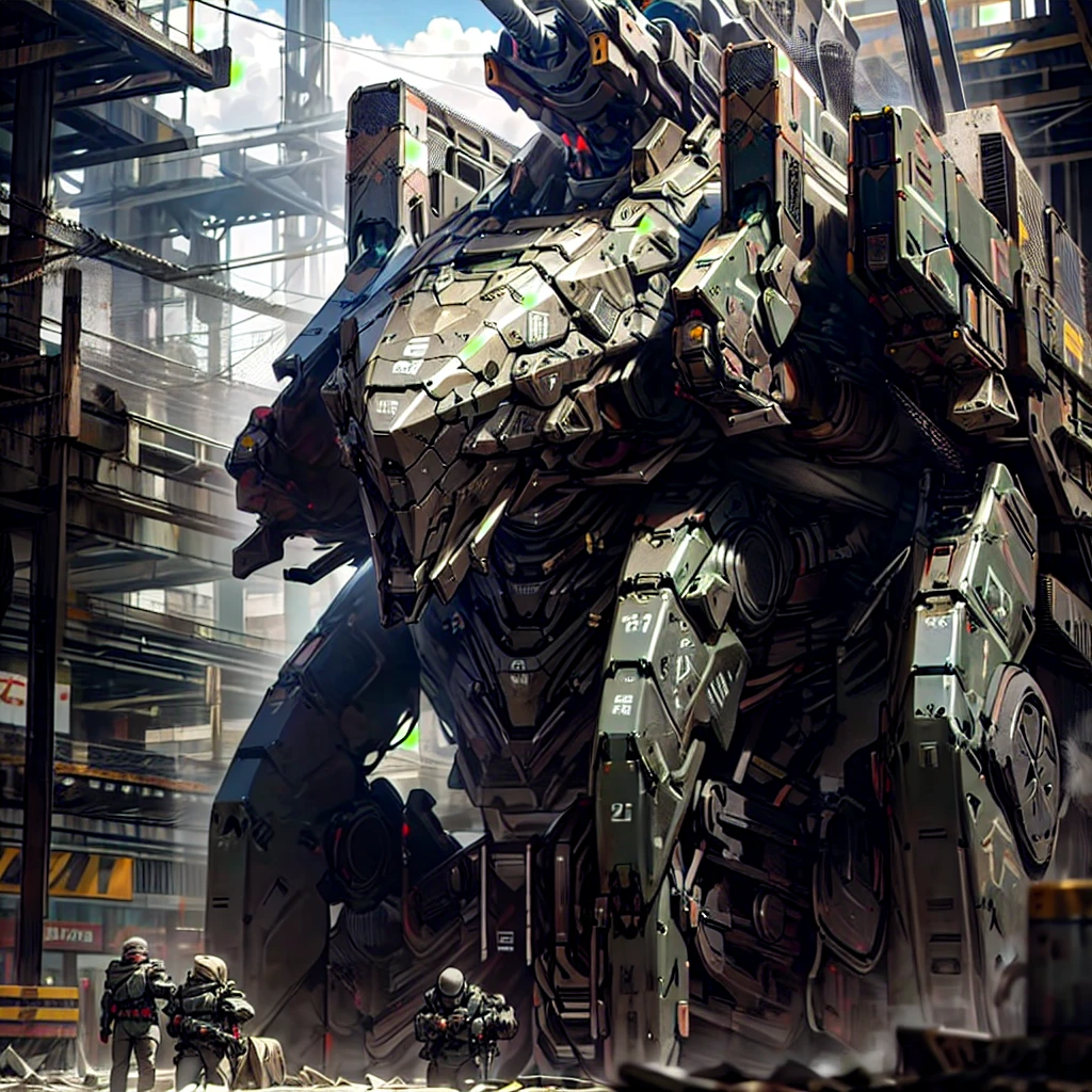 null, cloud, holding_arms,  no _human, Shine, ( robots),  building, Shine_eye, Mecha, science_ fiction, city, Realistic,((( armored core))),(Masamune Shirow)、