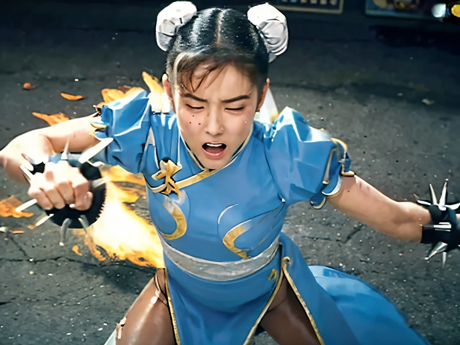 A powerful and evil beam-shaped attack is eaten in the stomach and blown back, Scream in intense pain, Anguished expression, Anguished expression, Chunli, Silver Costume, High image quality , The face is drawn in detail and with precision, Your clothes are torn , masterpiece, Bleeding from the mouth, Hurt, The details of the clothes are accurately depicted, I was injured, The impact causes both arms to extend straight out in front of you.. Attack leading to fatal injury , torn clothes, torn legwear,  with your eyes closed, I'm in intense agony
