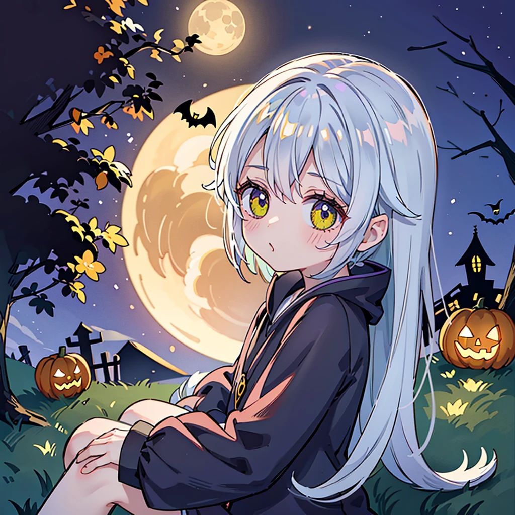 cute、ちびかぼちゃのコスプレをしたcuteちび、Best Quality、Masterpiece、The best composition、Halloween、 trick or treat、 Orange and Black Goth Outfit 、Aurora、Moon with the Shadow of a Bat 、ruined castle background 、 Best Details、sugar_Rune