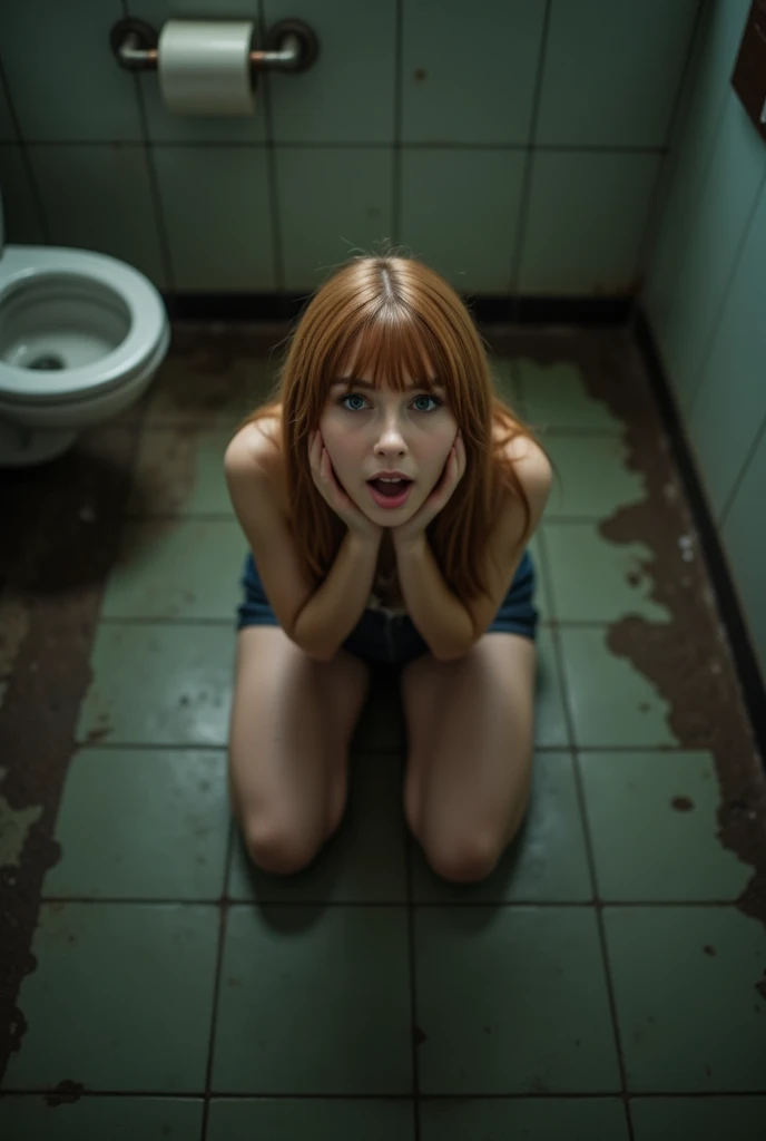  A red-haired girl sitting on her knees on the floor of a dirty toilet, looking up sticking out her tongue .