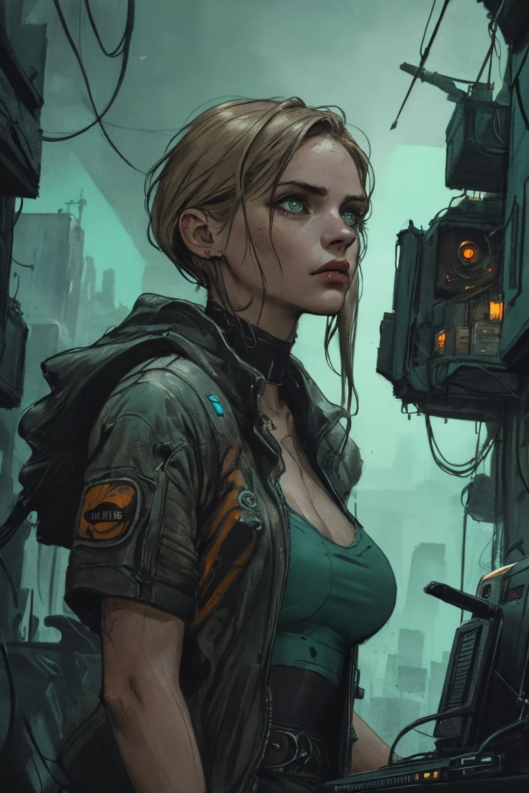 1 person, upper body, (((adult))), (((woman in her 20s))), (((mature))), techno utopia setting, cyberpunk, long dark blonde hair, dark green eyes, serious expression, no mistakes, best anatomy, computer screens in background, masterpiece, hq, hd detailed character, detailed face, intricately detailed, dramatic lighting, dystopian cyberpunk, detailed textures, cinematic lighting, cinematic composition, (best quality,4k,8k,highres,masterpiece:1.2),ultra-detailed,intricate details