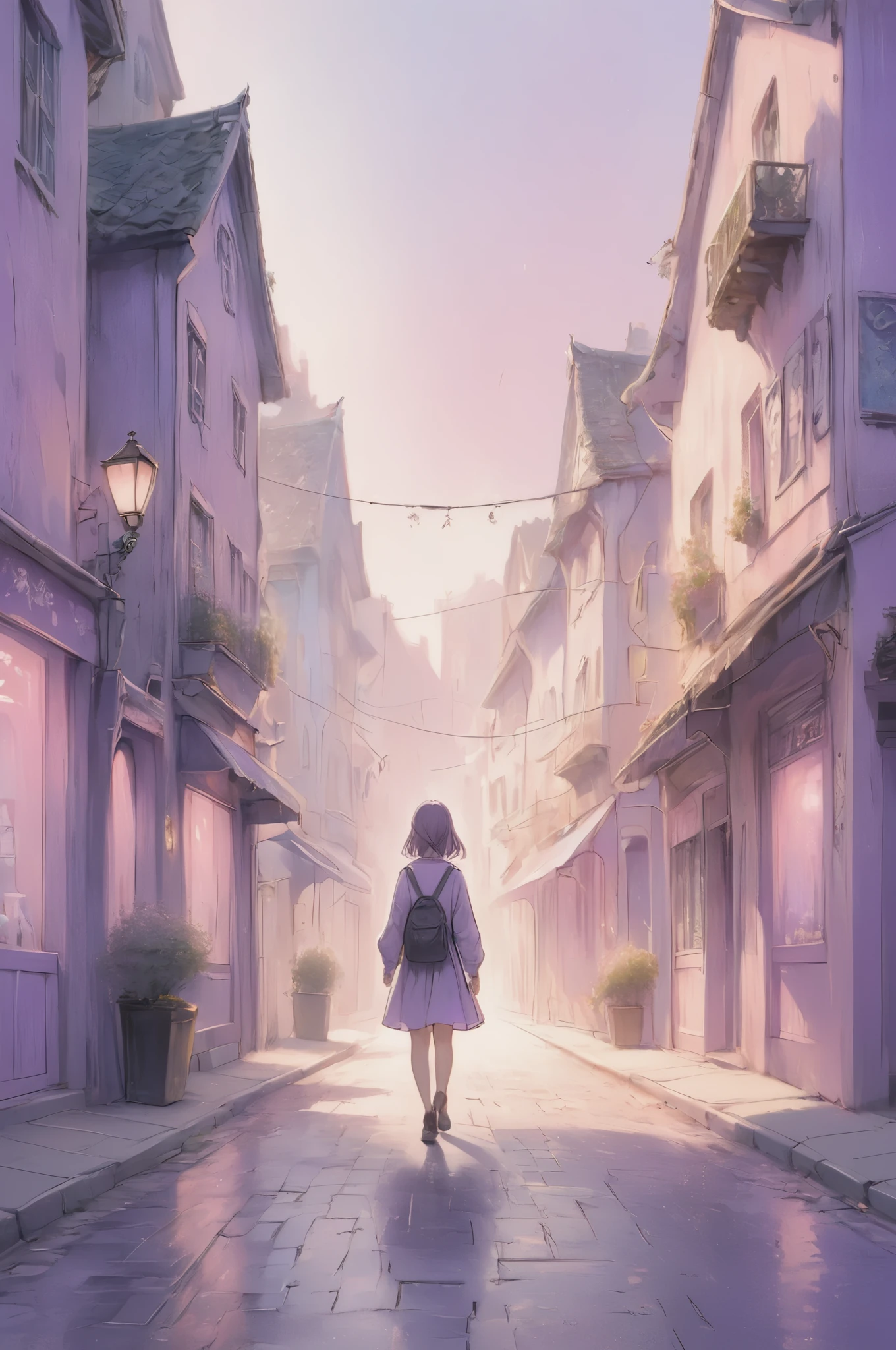 pastel,pink theme color,masterpiece, best quality, 8k, highres, ultra-detailed,HDR, UHD, studio lighting,Low Fidelity art. ,pastel,A peaceful night street illuminated by soft purple streetlights. A person is walking down a quiet road, with old buildings lining the street in the background. The windows have a bluish tint, and neon signs flicker faintly in the distance. The shadow of the person on the pavement is tinged with soft pink hues, creating a nostalgic atmosphere. The person, drawn with simple lines and soft colors, walks calmly, appearing relaxed. The dominant tone is a muted purple, blending into the retro-style, hand-drawn background, creating a serene, quiet mood.
