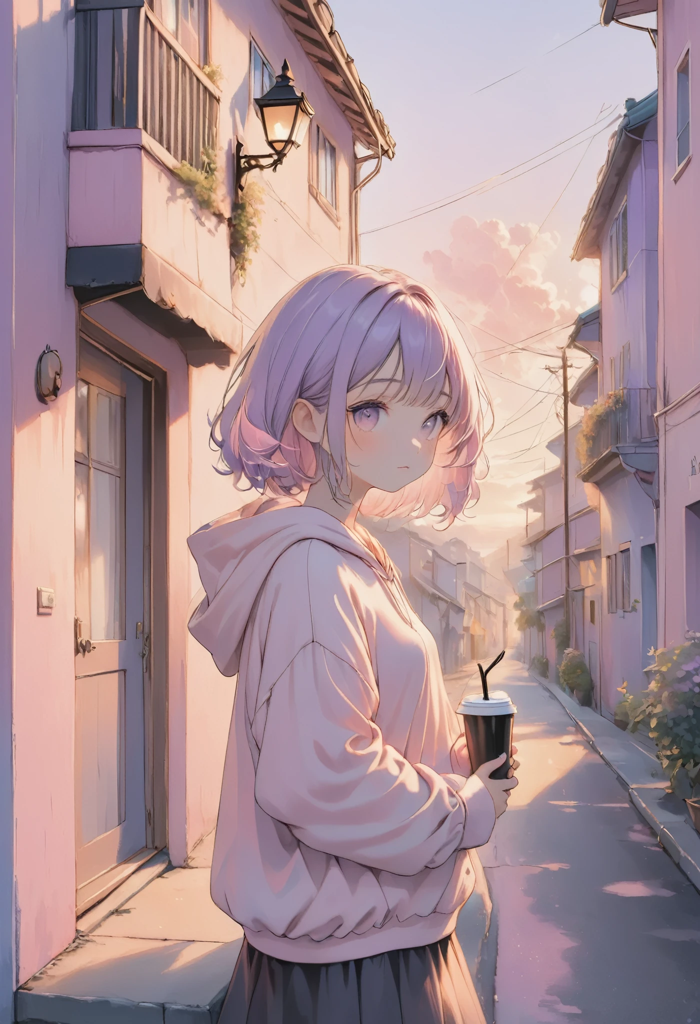 masterpiece, best quality, ultra-detailed, Low Fidelity (lofi) art style, soft pastel pink and purple tones. A young girl with short, pastel purple hair stands quietly on the corner of a small street at dusk. She’s wearing a loose, pastel pink hoodie, her hands gently cupping a warm drink, steam softly rising in the cool evening air. Her relaxed posture and calm gaze create a sense of peaceful solitude as she watches the sun dip below the horizon. Behind her, simple, pastel-colored buildings line the quiet street, their windows reflecting the last light of the sunset. Streetlights begin to flicker on, casting a warm, muted glow that blends with the soft hues of the evening. The sky is painted in soft gradients of pink and purple, with clouds lazily drifting. The overall atmosphere is calm, quiet, and introspective, capturing a peaceful moment in a soft, dreamlike setting.