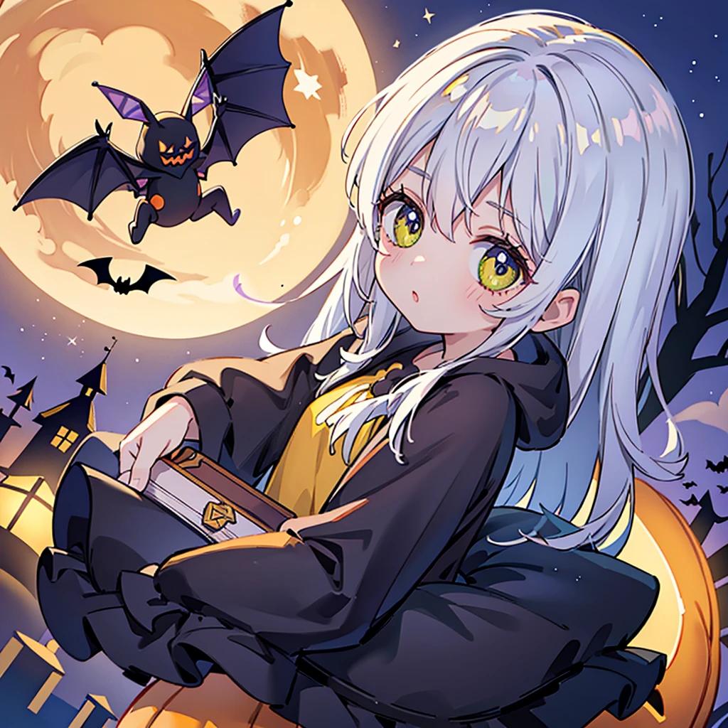 cute、ちびかぼちゃのコスプレをしたcuteちび、Best Quality、Masterpiece、The best composition、Halloween、 trick or treat、 Orange and Black Goth Outfit 、Aurora、Moon with the Shadow of a Bat 、ruined castle background 、 Best Details、sugar_Rune,orange neon light、