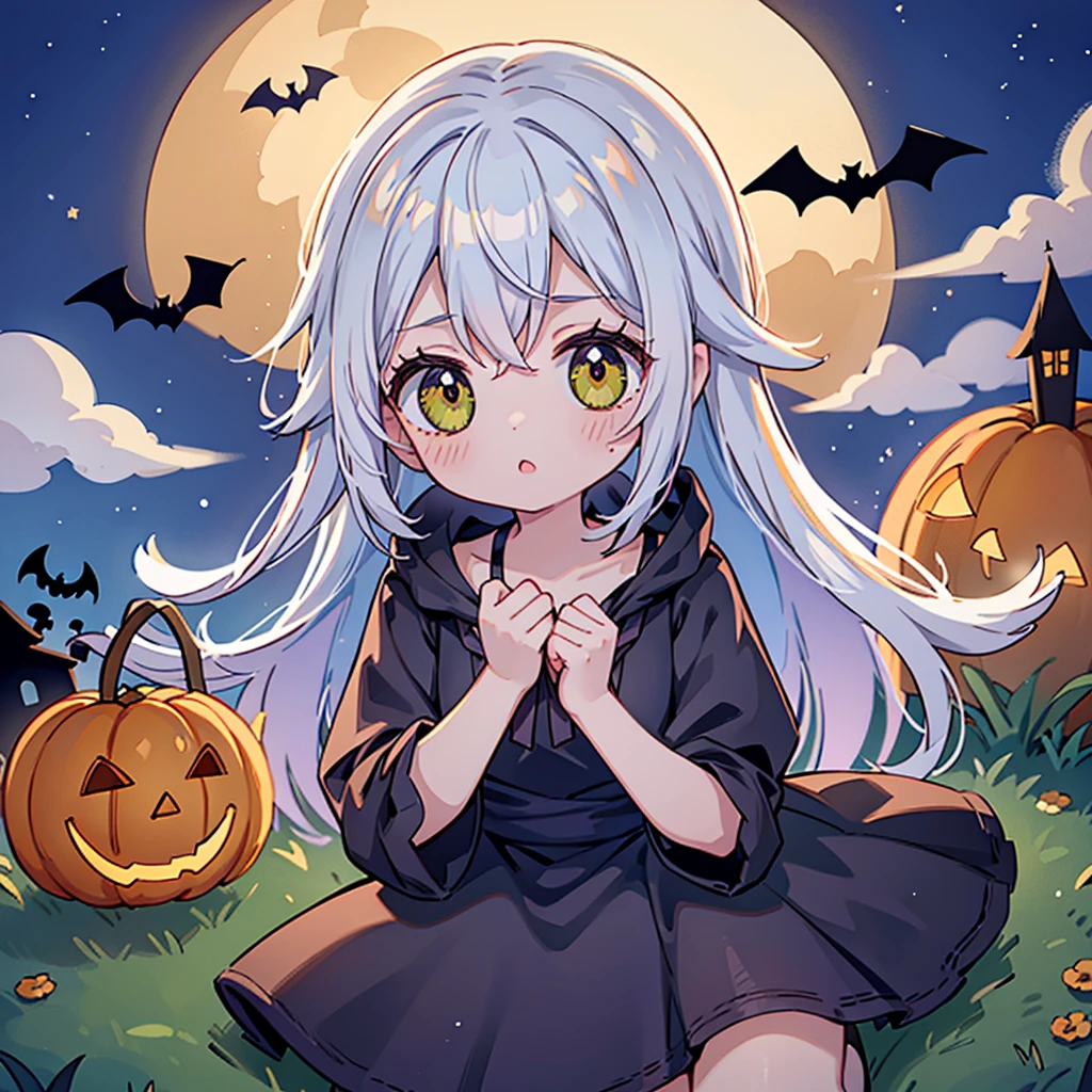 cute、ちびかぼちゃのコスプレをしたcuteちび、Best Quality、Masterpiece、The best composition、Halloween、 trick or treat、 Orange and Black Goth Outfit 、Aurora、Moon with the Shadow of a Bat 、ruined castle background 、 Best Details、sugar_Rune,orange neon light、