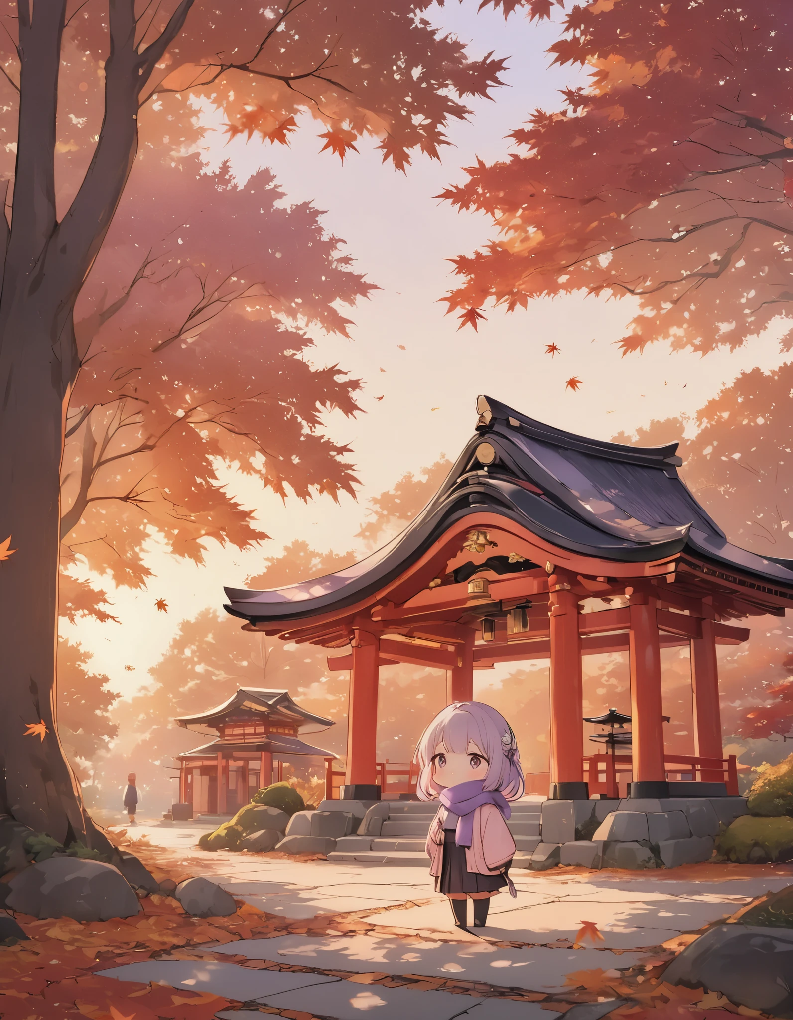 masterpiece, best quality, ultra-detailed, Low Fidelity (lofi) art style, pastel pink and purple tones with soft orange for the autumn leaves. chibi,A young girl stands quietly in front of a small, traditional Japanese shrine surrounded by autumn leaves. She wears a pastel purple scarf and a light jacket, her breath visible in the crisp autumn air. The shrine is nestled under large maple trees, their leaves a soft mix of orange, red, and gold, gently falling around her. The path leading up to the shrine is lined with stone lanterns, casting a warm glow in the early evening light. The sky is a soft gradient of pink and purple as the sun sets, creating a peaceful and nostalgic atmosphere. The girl stands in quiet reflection, gazing up at the autumn leaves gently swaying in the breeze. The scene is calm, serene, and filled with the essence of a quiet autumn day.