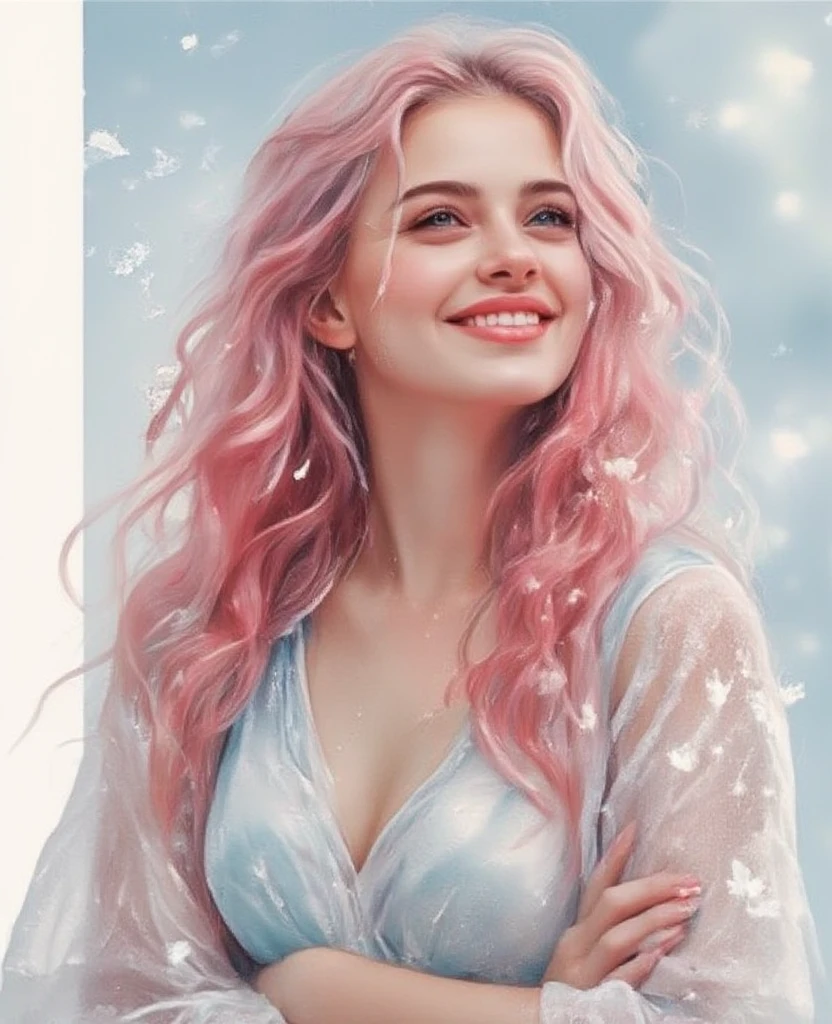 (highest quality, master works, ultra-fine section, light and shadow tracking, ultra-high resolution)) a girl,bow smile,simple background,gradient background,snowflakes,particle light,real light and shadow,pink hair,happy,shy,blush,bright scene,colorful details,