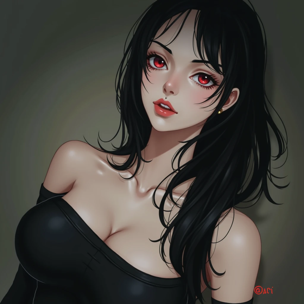 (best quality,ultra-detailed,realistic:1.37),long black hair,red eyes,intense expression,curvy figure,casual black clothes,vivid colors,portrait