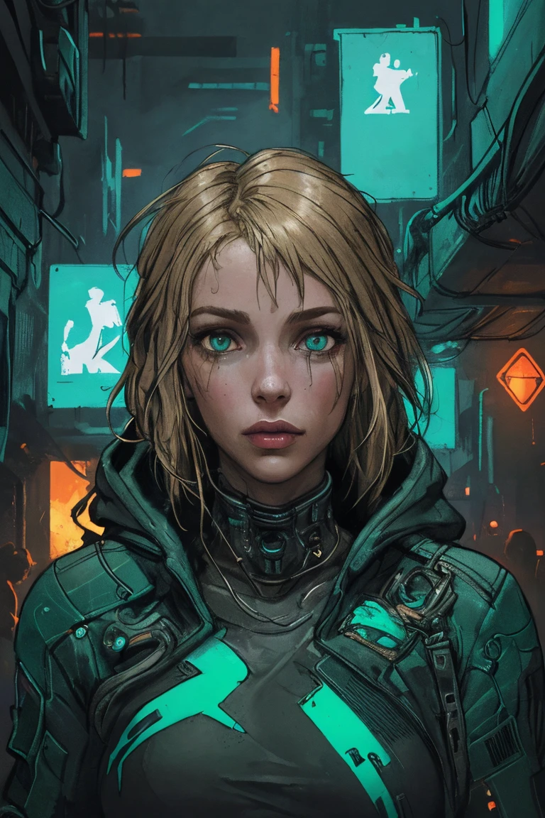 1 person, upper body, (((adult))), (((woman in her 20s))), (((mature))), techno utopia setting, cyberpunk, long dark blonde hair, dark green eyes, no mistakes, best anatomy, computer screens in background, masterpiece, hq, hd detailed character, detailed face, intricately detailed, neon lighting, dystopian cyberpunk, detailed textures, cinematic lighting, cinematic composition, (best quality,4k,8k,highres,masterpiece:1.2),ultra-detailed,intricate details