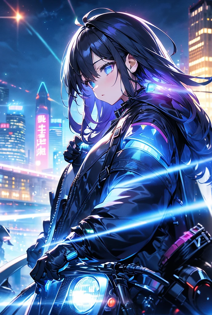  with a futuristic city at night 、She straddles a motorcycle、 I'm basking in the neon light floating in an inorganic cityscape 。 has purple mesh in her dark hair 、 that sharp color mixes with surrounding neon lights 、It has a fantastic glow。 her eyes glow cold behind her sunglasses 、 and her sharp eyesight is impressive 。 The jacket reflects light in futuristic metallic silver, and 、 has a small hologram display embedded on her shoulder。 the gadget attached to her back emits light 、 peculiar to cyber gadgets The sound of a machine echoes quietly 。In the background、 countless skyscrapers stand side by side 、 A huge screen is projected on that wall 。She has a calm expression 、 she holds the bike lightly 、 It's like I'm looking down coldly at this heartless city 。 the sound of motorcycle engines echoes 、 A pale blue line of light extends behind her 。
