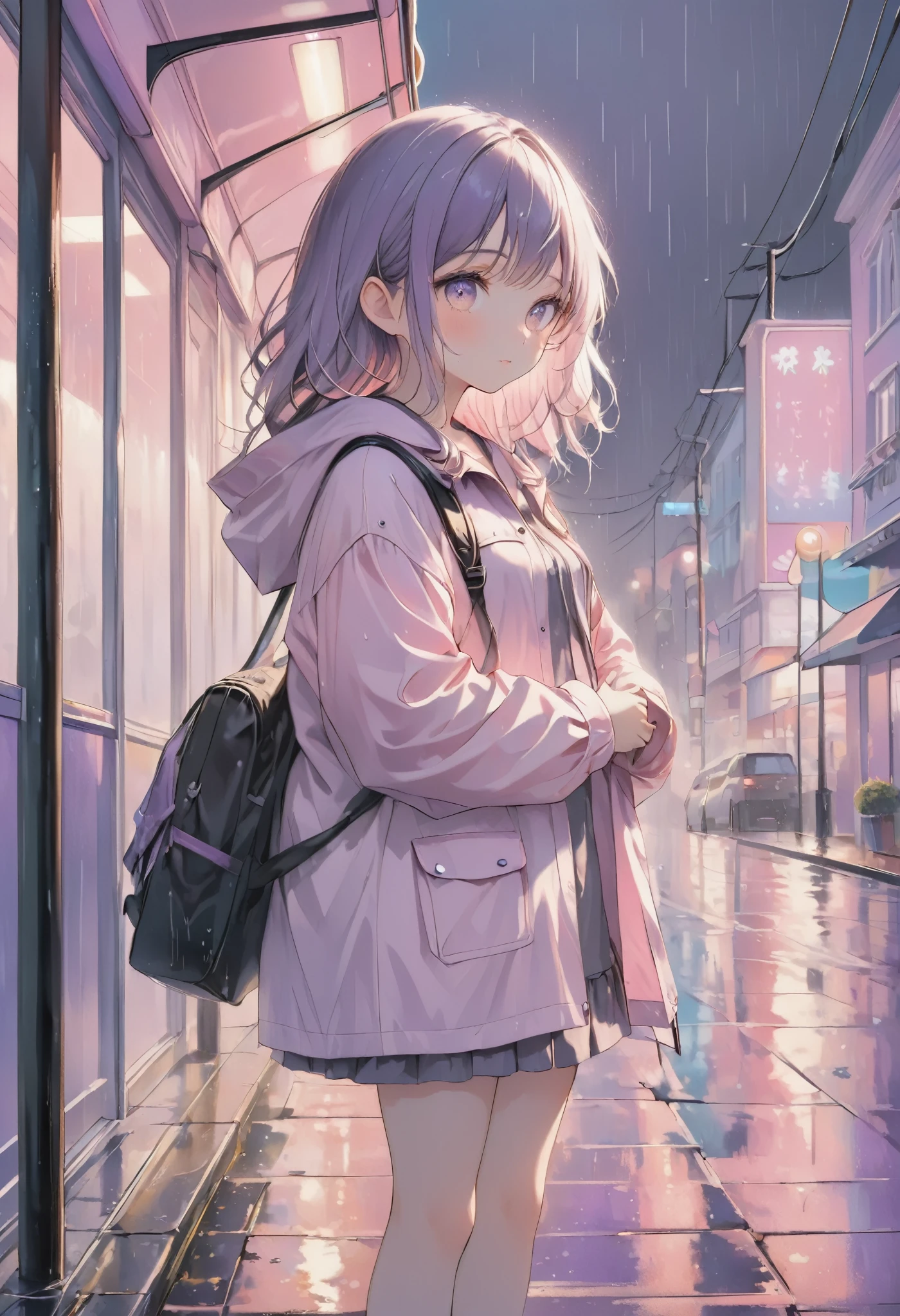 masterpiece, best quality, ultra-detailed, Low Fidelity (lofi) art style, pastel pink and purple tones. A young girl stands alone at a quiet bus stop on a rainy evening, wearing a pastel pink raincoat with a matching hood. She holds a small umbrella, shielding herself from the gentle rain. The streets around her are wet, reflecting the soft, pastel-colored streetlights. Raindrops create ripples in small puddles, and the sound of the rain is the only thing breaking the silence. In the background, pastel-colored buildings are softly lit, and the sky is a muted blend of purple as dusk settles in. The girl gazes calmly at the distance, waiting for the bus, her expression relaxed as she listens to the soothing sound of the rain. The scene evokes a feeling of quiet reflection and peaceful solitude.