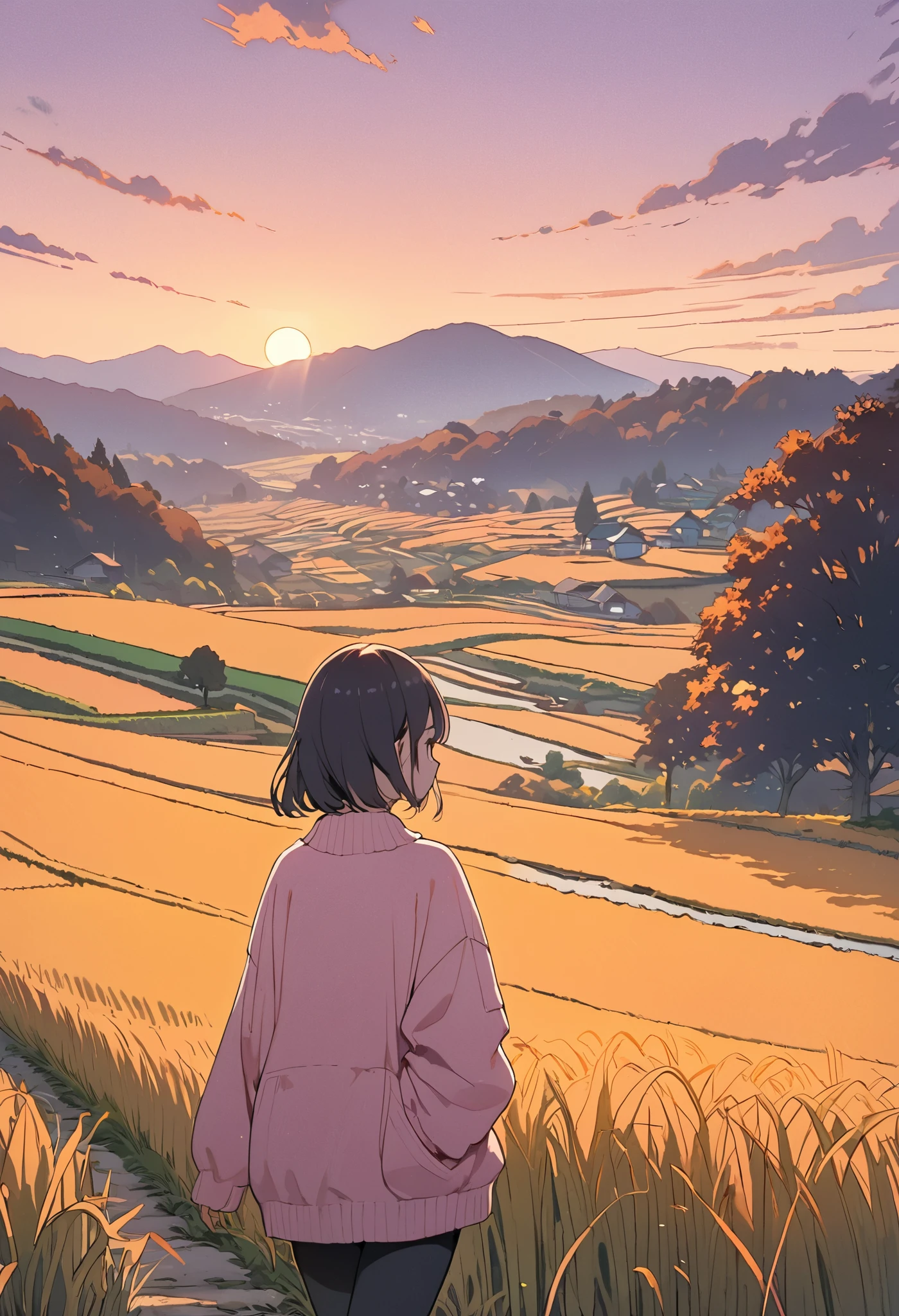 masterpiece, best quality, ultra-detailed, Low Fidelity (lofi) art style, pastel pink and purple tones with a hint of golden orange in the distance. A young girl walks down a quiet path between rice fields, her hands in her pastel pink sweater pockets. The rice fields around her have turned a soft golden color, swaying gently in the cool autumn breeze. In the distance, beyond the village, there are a few trees with faint orange hues marking the start of autumn, but they remain mostly in the background. The sun is setting behind the hills, casting a soft, warm light across the scene. The atmosphere is peaceful and quiet, capturing the serenity of a rural autumn evening.