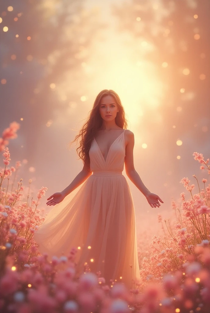 Beautiful world　((((((Fantasy novels))))) In a golden world where pale pink feathers and stardust fall, a rainbow-hued atmosphere flows.、A beautiful person walks towards me　I call out to them, they turn around but their face is hidden　