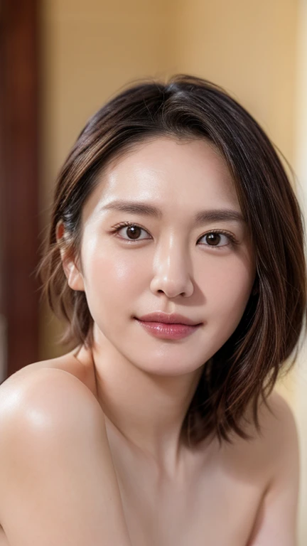 A high resolution photograph of a Japanese actress, (realistic, photo-realistic:1.37), (master piece, best quality), RAW photo, extremely detailed, intricate details, sharp focus, solo, 1girl, Yui Aragaki, (full frontal, completely nude:1.4), (small breasts, thin nipples:1.2), (short hair), (detailed face, detailed eyes, beautiful pupils, sophisticated nose), pale skin, fine-textured, photo background, indoors, 