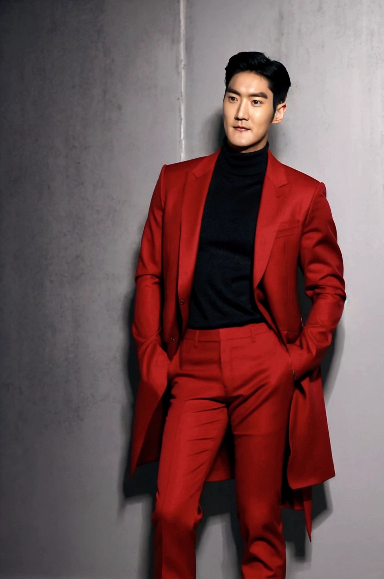 Accurate 、 Studio Background 、 Full Body Photo 、Standing in a Full Height from Head to Toe 、8K HD Good Quality Inage 、 Choi Siwon from Super Junior 、Wearing a dark red turtleneck 、White Lab coat jeans 、Red shiny high boots 、 Wearing a red pants 、 Proportional  Body 、Abs are cracked 、Ruby Sword at his back.