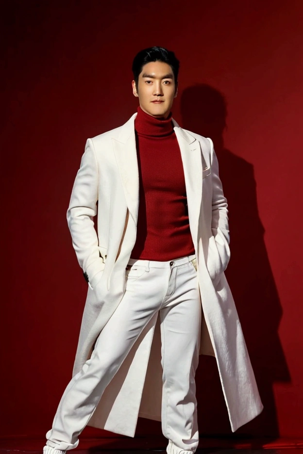 Accurate 、 Studio Background 、 Full Body Photo 、Standing in a Full Height from Head to Toe 、8K HD Good Quality Inage 、 Choi Siwon from Super Junior 、Wearing a dark red turtleneck 、White Lab coat jeans 、Red shiny high boots 、 Wearing a red pants 、 Proportional  Body 、Abs are cracked 、Ruby Sword at his back.