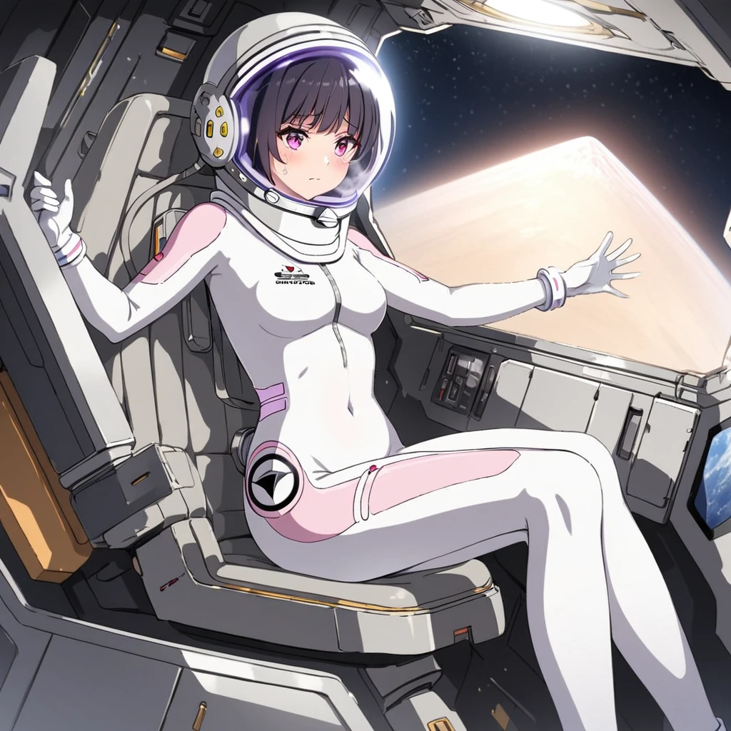 1人of女of子,Alone,short hair,(Space Suit:1.15), Black Hair Space Helmet ,whole body, indoor, masterpiece of the highest quality,  trembling, difficulty breathing, bodysuit,Lumine ,  Bubble Helmets , short hair,  backpack,gloves,blush,internal (cockpit) of (Futuristic spaceship:1.6), Sitting on narraw futuristic spacecraft cockpit seat, Covered navel, short hair