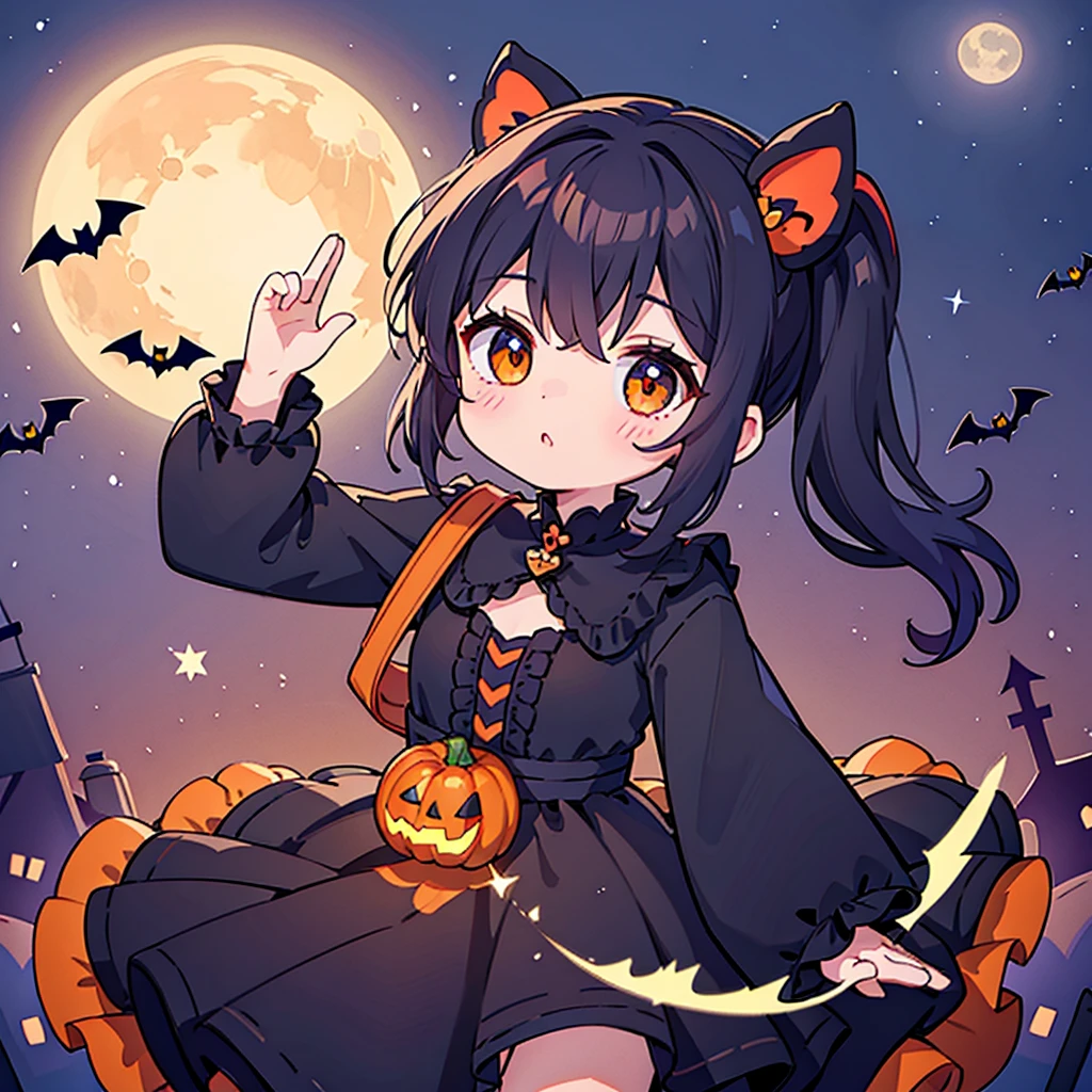 cute、ちびかぼちゃのコスプレをしたcuteちび、Best Quality、Masterpiece、The best composition、Halloween、 trick or treat、 Orange and Black Goth Outfit 、Aurora、Moon with the Shadow of a Bat 、ruined castle background 、 Best Details、sugar_Rune,orange neon light、