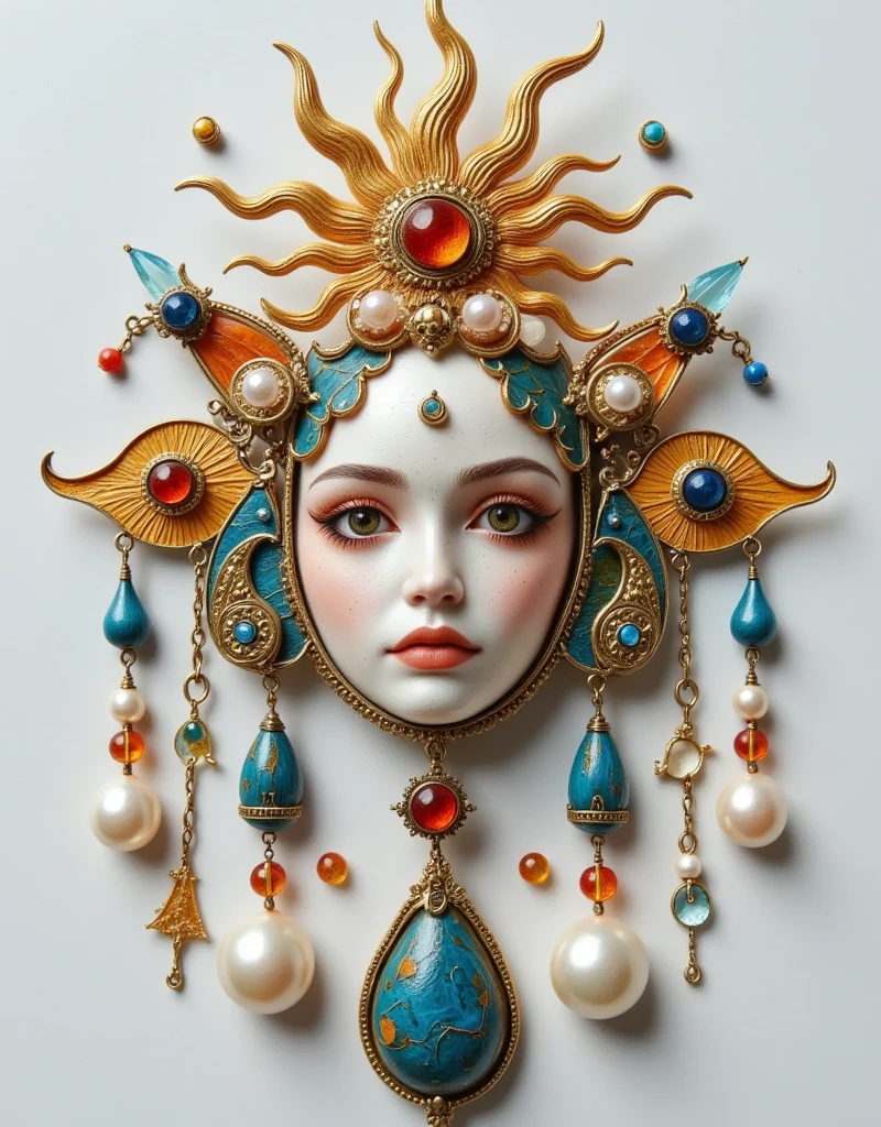 Product Design：medieval jewelry，baroque pearls and eye elements and gemstones，sun，moon，beeswax，amber，turquoise，coral，Felt，Retro， white background for the head only