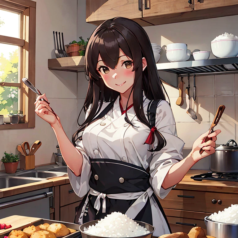 akagi_kantaicollection
long_hair, brown_hair, brown_eyes, muneate, tasuki, smile
(masterpiece:1.4),(best quality:1.4), (premium:1.4), (great illustration:1.4), (ultra-detailed:1.4),(art CG,8K),1girl solo,full body, blush,smile,KonishiCSA,
eating rice,kitchen,apron
