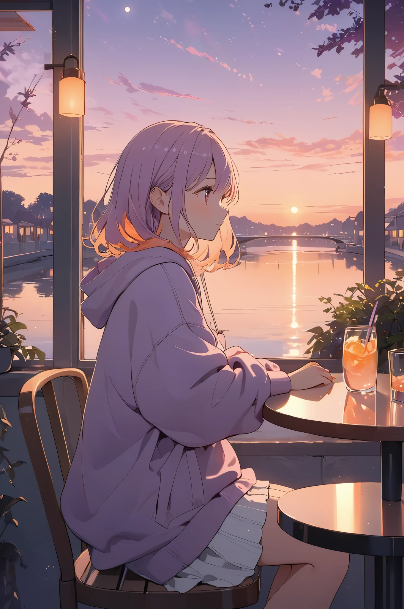 masterpiece, best quality, ultra-detailed, lofi-style illustration with soft purple, pink, and orange hues. A peaceful scene of a young girl sitting alone at an outdoor café in the evening, bathed in the warm glow of a setting sun. Her hair is short and gently tousled, reflecting the soft purple and pink light from the sky. She wears a cozy oversized hoodie, blending in with the soft tones of the background. The table in front of her has a nearly empty glass with a straw, catching the soft glow of the setting sun. The background features soft, blurred trees, and distant lights from streetlamps and buildings, casting a gentle orange glow. The sky is filled with pastel-colored clouds, blending into pink and purple hues as the sun sets, creating a dreamy, nostalgic atmosphere. The entire scene is infused with warm, soft light, evoking a calm and serene feeling, perfect for lofi music or study ambiance. 