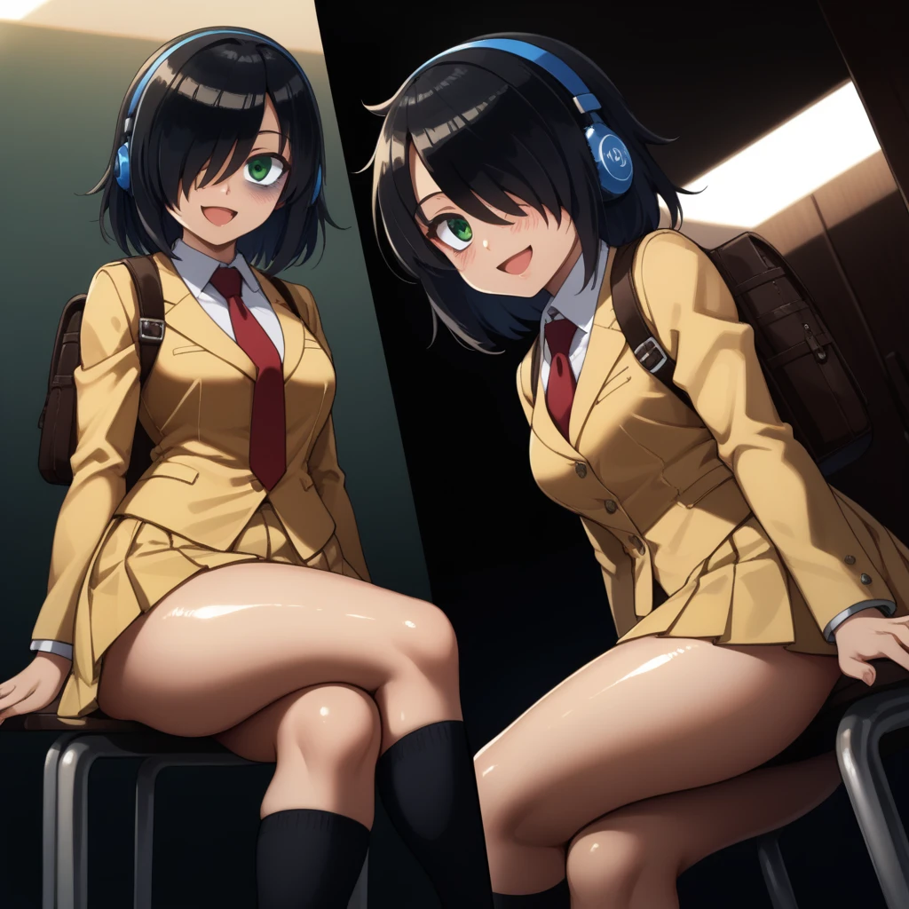 score_9, score_8_up, score_7_up,, solo, source_anime, tomokoxl, bags under eyes, hair over one eye black hair, medium hair, school uniform, red necktie, yellow skirt, short skirt, pleated skirt, yellow jacket, standing, cowboy shot, sitting, crossed legs, thick thighs, shiny skin, focus in crossed legs, underwear, white underwear, shiny underwear, lace underwear, white lace underwear, shiny lace underwear, panties, white panties, shiny panties, only crossed legs pose, sexy crossed legs, perfect crossed legs, sexy legs, big thighs, oiled thighs, oiled legs, smile, open mouth, glowing green eyes, evening time, dark room, breast, big breast, sheer knee highs, black knee highs, black sheer knee highs, backpack, leather backpack, brown backpack, focus in crossed legs, focus in legs, blushing, no shoes, cute feet, cute legs, panchira, huge legs, huge thighs, headphones, blue headphones, Beats Studio headphones, blue Beats Studio headphones, Multiple Views, Dutch Angle,