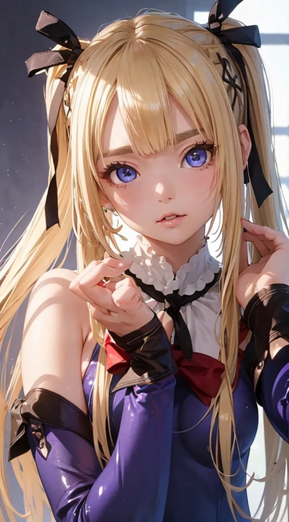 super high quality、Best Quality、masterpiece、 very cute、Marie Rose、 Shiny Beautiful Blonde 、Beautiful Life 、 beautiful hair with highlights、( very small breasts)、 long twin tails 、Purple swimsuit、Red ribbon、Rotate your hands behind your body、 very beautiful face 、Detailed face、Detailed eyes、(portrait)、 Professional Proof、Front lighting、forward light、 front angle 