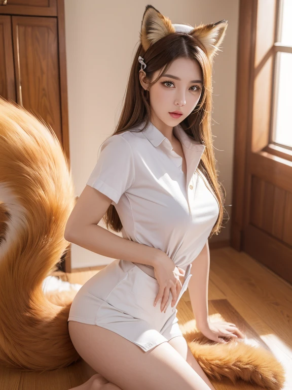 ((Highest quality)), ((masterpiece)), (Familiar), Perfect Face, fox lady, Pretty girl, Fox Ears, Fox tail, She has a northern fox tail, She wags her fluffy tail, She is a beautiful nurse, Beautiful hip line, Thick thighs, Big tail, The tail grows out of the skirt, Nice body, On all fours , Shyly staring at his tail, Only one tail, a shy face