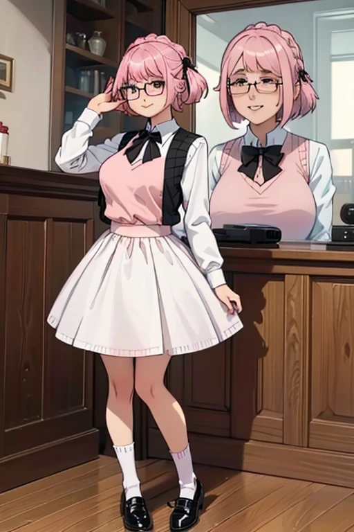 female, pink short hair, red eyes, black ears, pink cat tails, (((1girl))), (((white dress shirt))), (black sweater vest), (pink and white plaid skirt), (black socks), (brown shoes), (glasses), cute and sexy, full body, big breasts, long legs, smiling