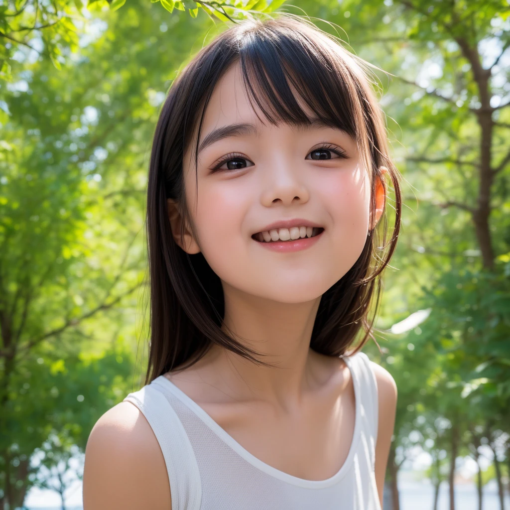  Japanese Women, 22 years old, round face,  baby face big eyes , Slanted Eyes,  nose looking up small lips, Smile, Simple beauty , Beauty, cute,  the sun shines in ,  eyes that look far away , Highest quality, Upper body showing  , nose widening sideways  ,Blushing, Dynamic