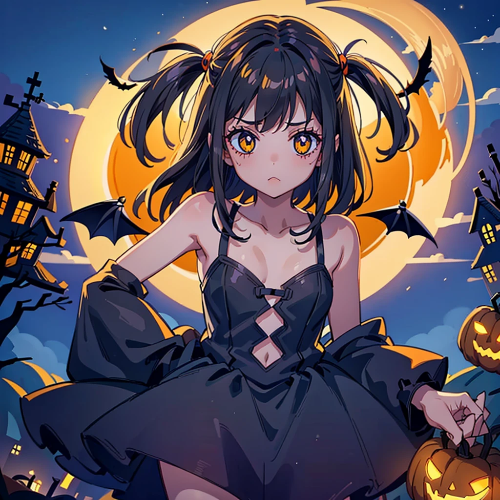 cute neat face、 Cute Little Pumpkins cosplay、Best Quality、Masterpiece、The best composition、Halloween、 trick or treat、 Orange and Black Goth Outfit 、Aurora、Moon with the Shadow of a Bat 、ruined castle background 、 Best Details、sugar_Rune,orange neon light、