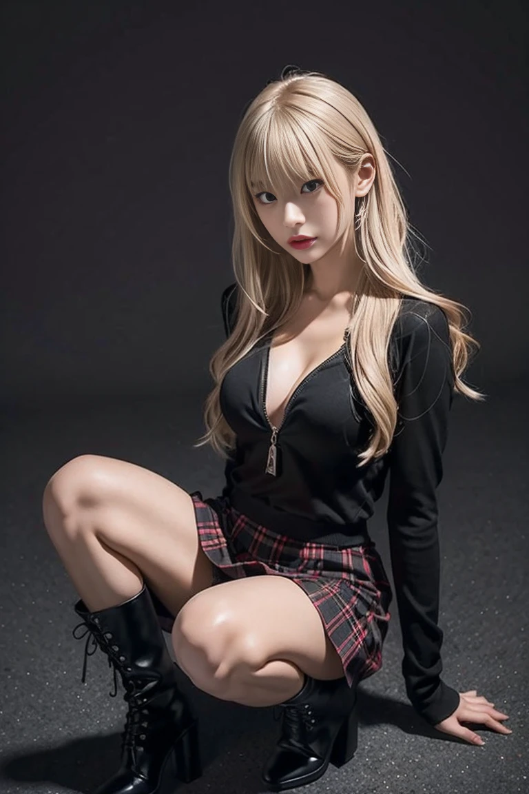 microskirt, thighhighs, red plaid skirt, red plaid corset, fishnets, short corset, midriff, statement sleeves ((full body)), ((Elegant posture, Attractive posture)), ((Random shooting angles)), Platinum Blonde Fine Hair、Extra long silky straight hair、Big eyes with bangs and eyeliner、((Visible cleavage))、((E cup)), ((I-type Valley)), Nordic Youth、Perfect body、Very beautiful and cute、White Skin、Smooth and radiant skin、Young and beautiful skin、Perfect beautiful little face、Shiny Makeup、Thin pink lip gloss expression、girl、Lipstick、Deceptive advertising、{Steaming hot}、Audience perspective、Primetime lights、Bokeh atmosphere perspective、Detailed movie lighting、Intricate details、high resolution、 Details of facial design、High Detail、Be focused、Smoothness、aesthetics、Print、Octane Renderer、{{masterpiece}}