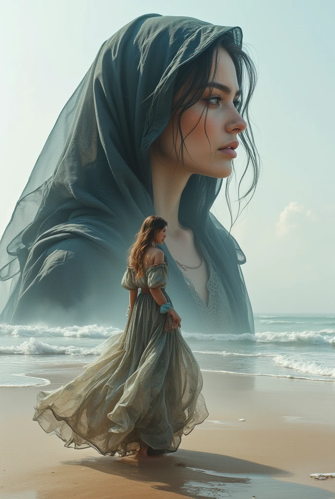 Cinematic style, Beauty, Chiaroscuro, High quality, illustration, (double exposure of black grim reaper and beautiful woman), [close-up of black grim reaper's face in the distance above: beautiful woman standing on the beach, wearing a beautiful dress : 0.25],