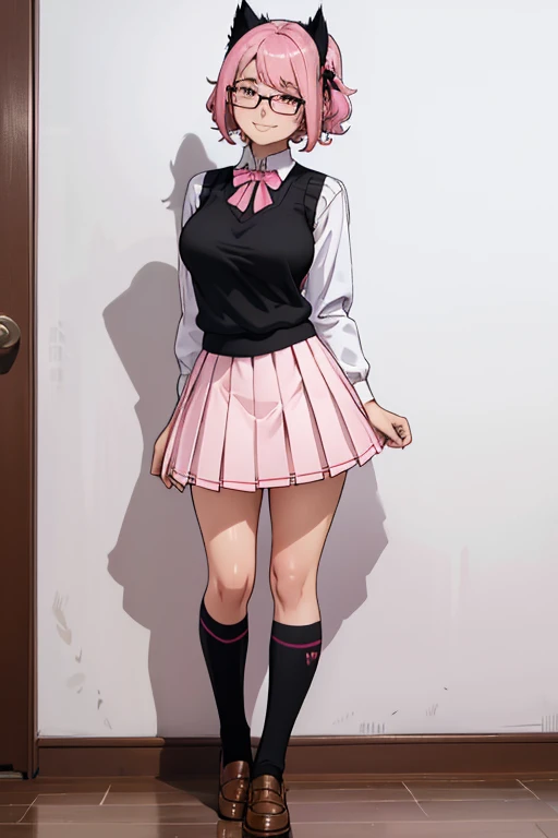 female, pink short hair, red eyes, black ears, pink cat tails, (((1girl))), (((white dress shirt))), (black sweater vest), (pink ribbon), (pink and white plaid pleated skirt), (black socks), (brown shoes), (glasses), cute and sexy, full body, big breasts, long legs, smiling