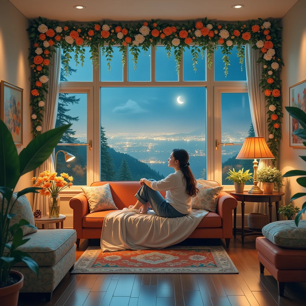 (masterpiece)，(High quality)， best quality，Reality，(Reality)，ultra detail，(Full details )，(4K，8K，indoor，table，sofa，Potted plants，chair， alone，Wide-angle lens，window，ground，Quilt，Pillow，Night view，大玻璃window