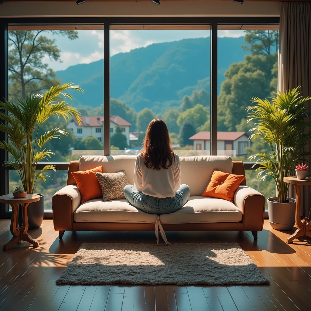 (masterpiece)，(High quality)， best quality，Reality，(Reality)，ultra detail，(Full details )，(4K，8K，indoor，table，sofa，Potted plants，chair， alone，Wide-angle lens，window，ground，Quilt，Pillow，Night view，大玻璃window