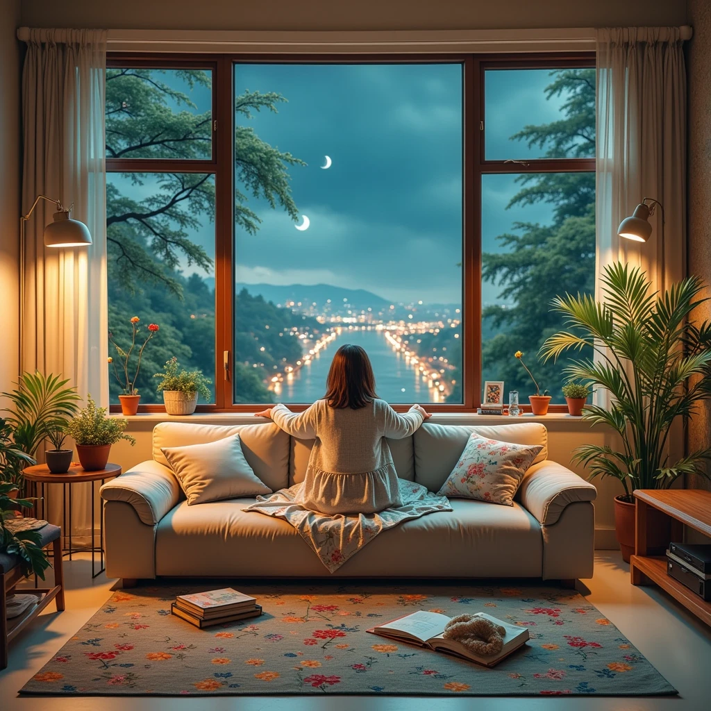 (masterpiece)，(High quality)， best quality，Reality，(Reality)，ultra detail，(Full details )，(4K，8K，indoor，table，sofa，Potted plants，chair， alone，Wide-angle lens，window，ground，Quilt，Pillow，Night view，大玻璃window