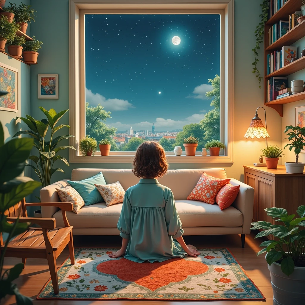 (masterpiece)，(High quality)， best quality，Reality，(Reality)，ultra detail，(Full details )，(4K，8K，indoor，table，sofa，Potted plants，chair， alone，Wide-angle lens，window，ground，Quilt，Pillow，Night view，大玻璃window