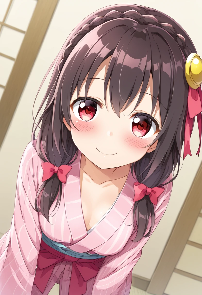 yunyun、masterpiece,Best Quality,  High Resolution ,One person, Yunyun、名前はYunyun,  crown blade of the same color as hair, Black Hair、Red eyes、 HAIR ACCESSORIES, Hair Ribbon, Pink Yukata, (The chest is large:1.3)、(Smiling Kindly:1.4)、(blush:1.3)、futon、♥、heart、( it's opening its mouth)、(futonで仰向けで寝転んでる:1.4)、View the viewer