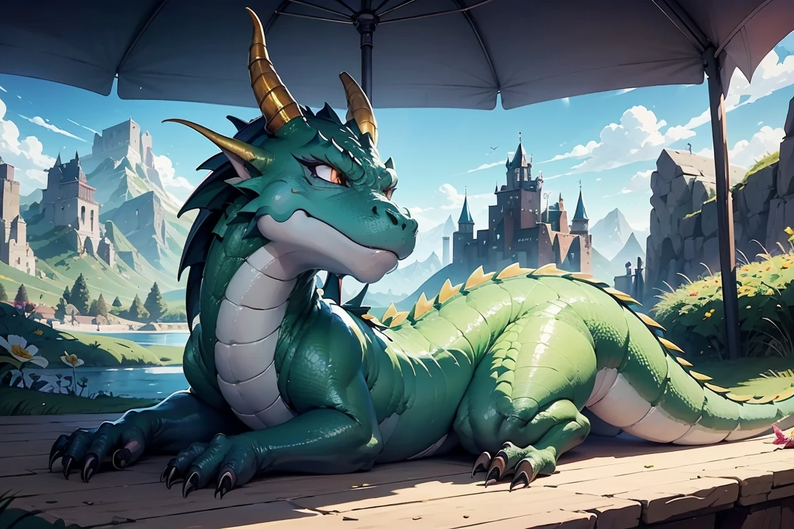 male green dragon with wings and a spiked penis on a deserted beach